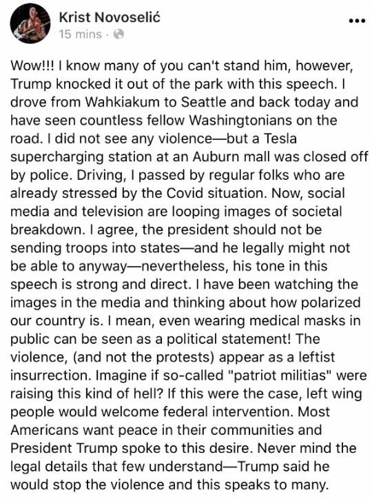 novoselic facebook post trump