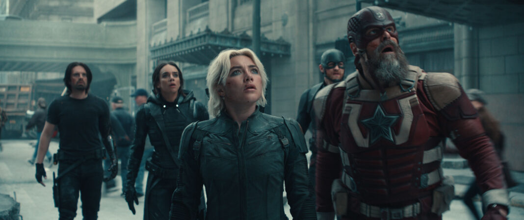 (l-r) Bucky Barnes (Sebastian Stan), Ghost (Hannah John-Kamen), Yelena Belova (Florence Pugh), John Walker (Wyatt Russell) und Red Guardian/Alexei Shostakov (David Harbour) in